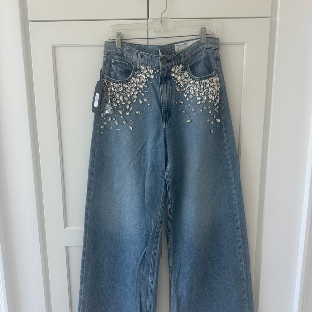 rag & bone Embellished Wide Leg Blue Jeans